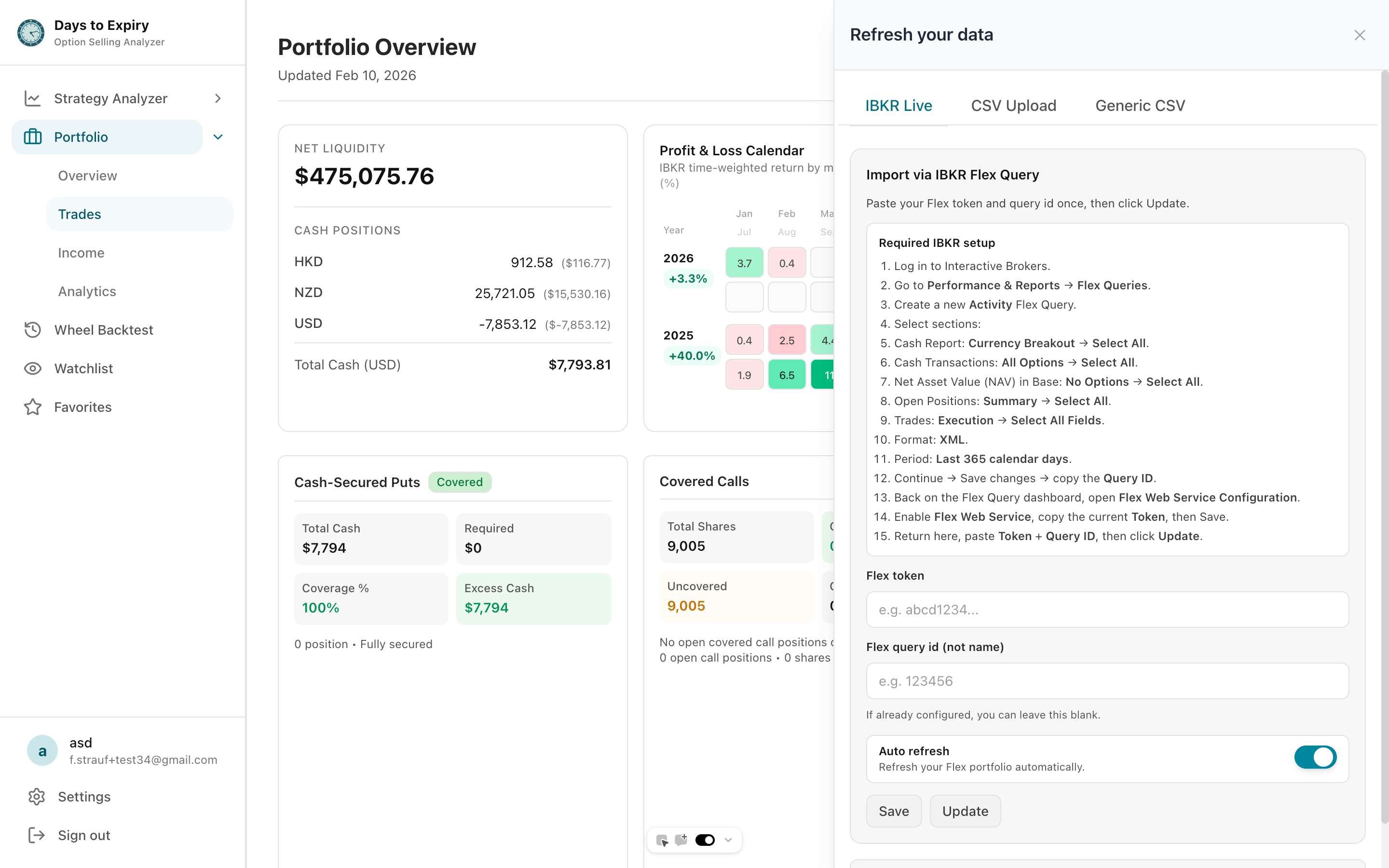 Interactive Brokers live connection showing synced portfolio data, income dashboard, and position analytics