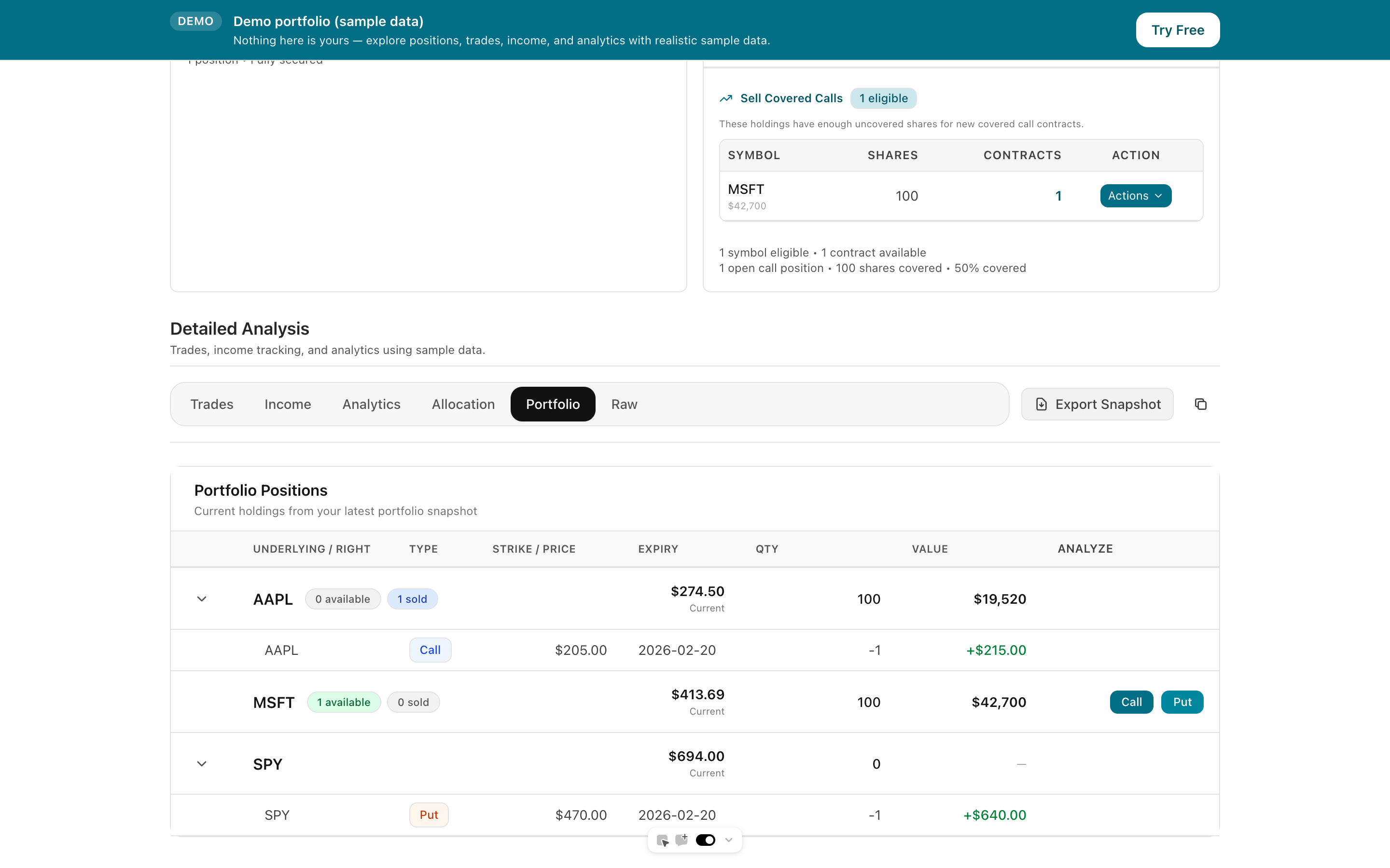 Options tracking software showing real-time P&L, Greeks, and position overview